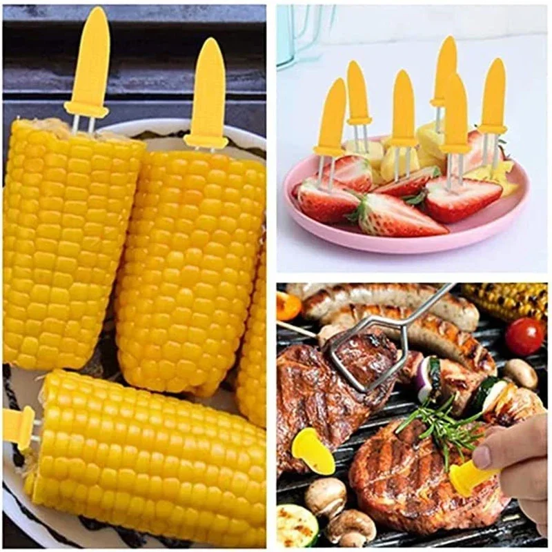 10 Uds tenedor de acero inoxidable brocheta de maíz soportes de maíz brochetas de maíz en espiga tenedores de fruta herramienta de cocina para acampar al aire libre barbacoa