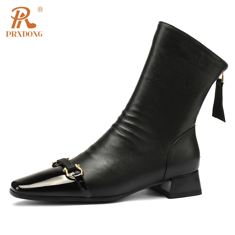 PRXDONG New Brand Genuine Leather Autumn WInter SHoes Woman ANkle Boots Med Square Heels Black Khaki Zipper Dress Casual Shoes