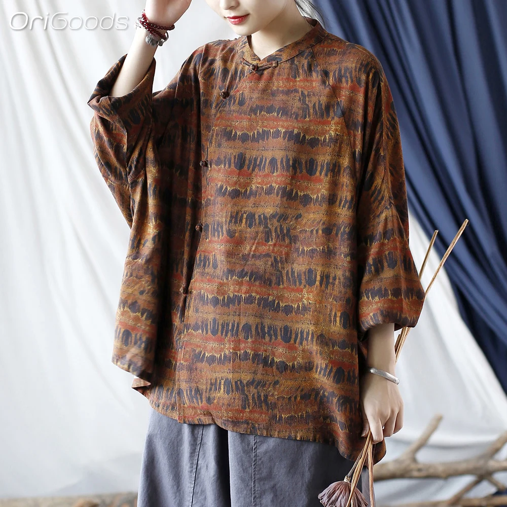 OriGoods Oversized Shirt Women Batwing Sleeve Cotton And Linen National Style Print Shirt Blouse Oversized Clothes Woman X092