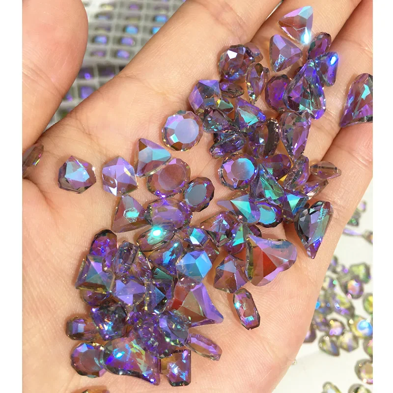 100pcs Spiked Nail Rhinestones Mixed Size Diamonds Phantom Purple Aurora Crystal Glass Glitter Gems Nail Art Decorations Strass