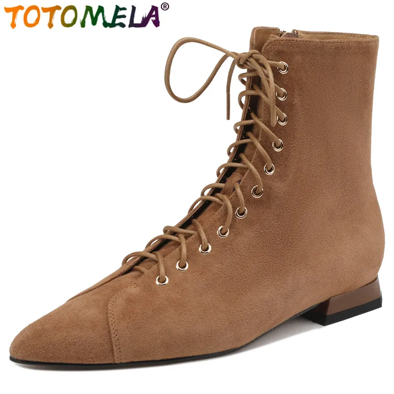 TOTOMELA 2024 New Narrow Band Kid Suede Leather Ankle Boots Simple Female Zipper Spring Boots Square Low Heels Women Shoes