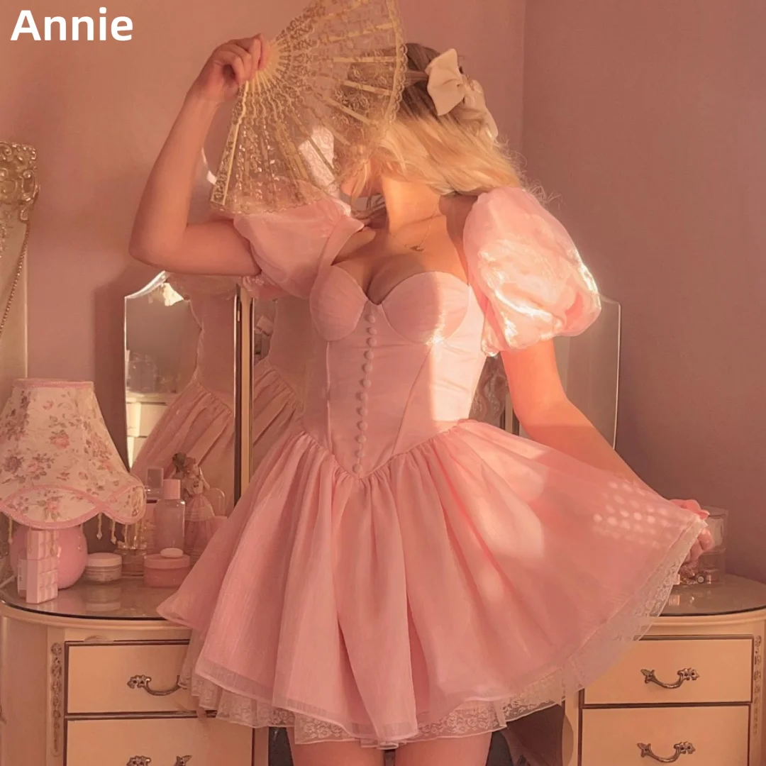 

Annie Sweetheart Pink Wedding Dress Organza Princess Puff Sleeves Prom Dresses Coming of Age Ceremony Bespoke Occasion Dresses