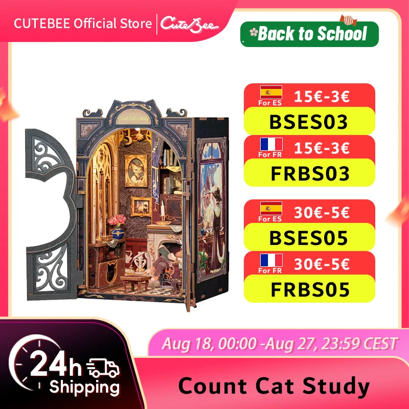 

CUTEBEE DIY книжный уголок миниатюрный деревянный кукольный домик с подсветкой вставка для книжной полки 3D головоломка Декор модель для подарков считать кошачье исследование