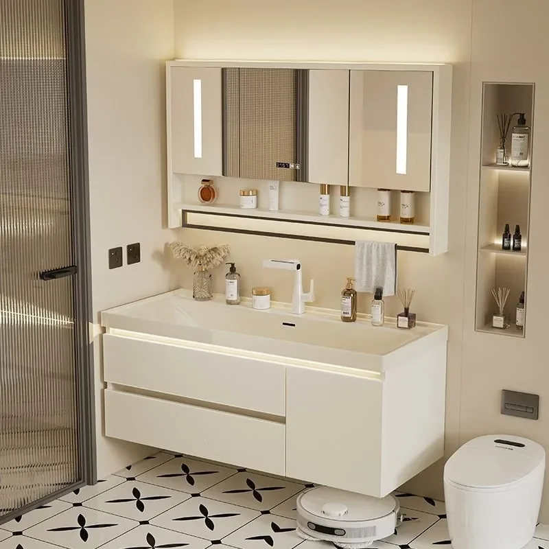 Cream Gilded Stone Integrated Basin Vanity Cabinet Bathroom Washstand Sink Unit for Modern Toilet Lavatory Area