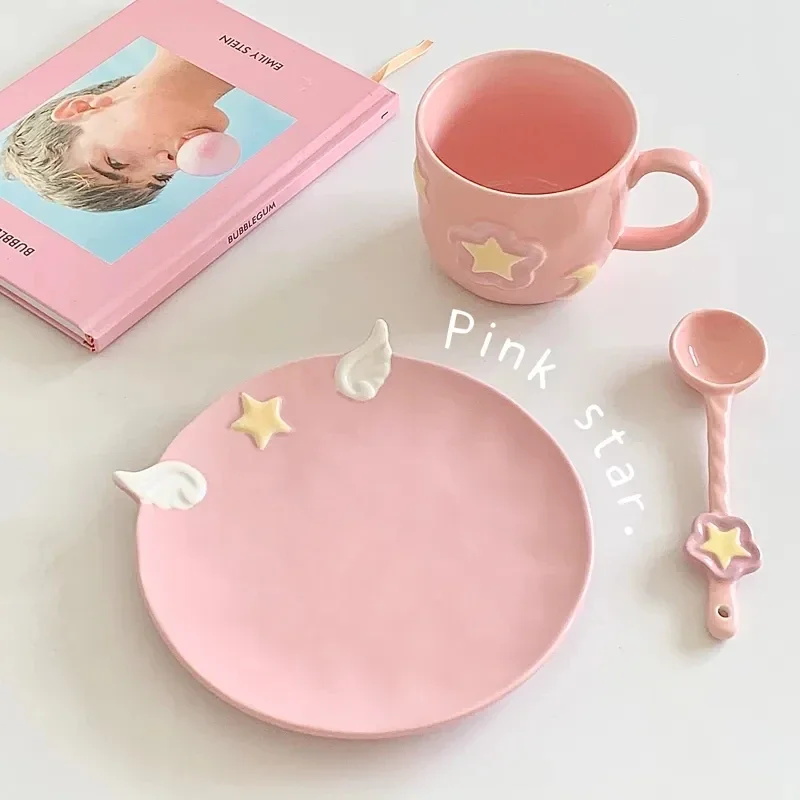 Cute Girl Afternoon Tea Pink Ceramic Coffee Cup and Saucer Set with Spoon Three-dimensional Small Wings Star