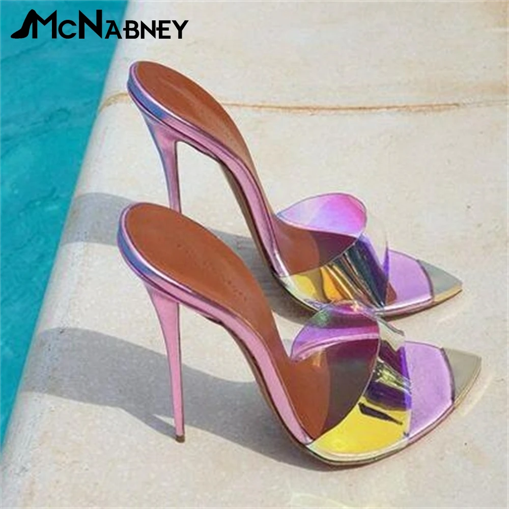 

PVC Mixed Colour Slippers 12cm Super High Heel Summer Shoes Fashion Pointed Toe Sandals Sexy High Heels Metal Toe Party Sandals