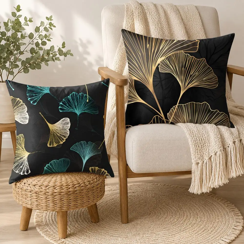 Modern Black Gold Ginkgo Leaf Cushion Cover Square Decorative Throw Pillow 40x40cm For Sofa Bedroom Living Room Home Decor