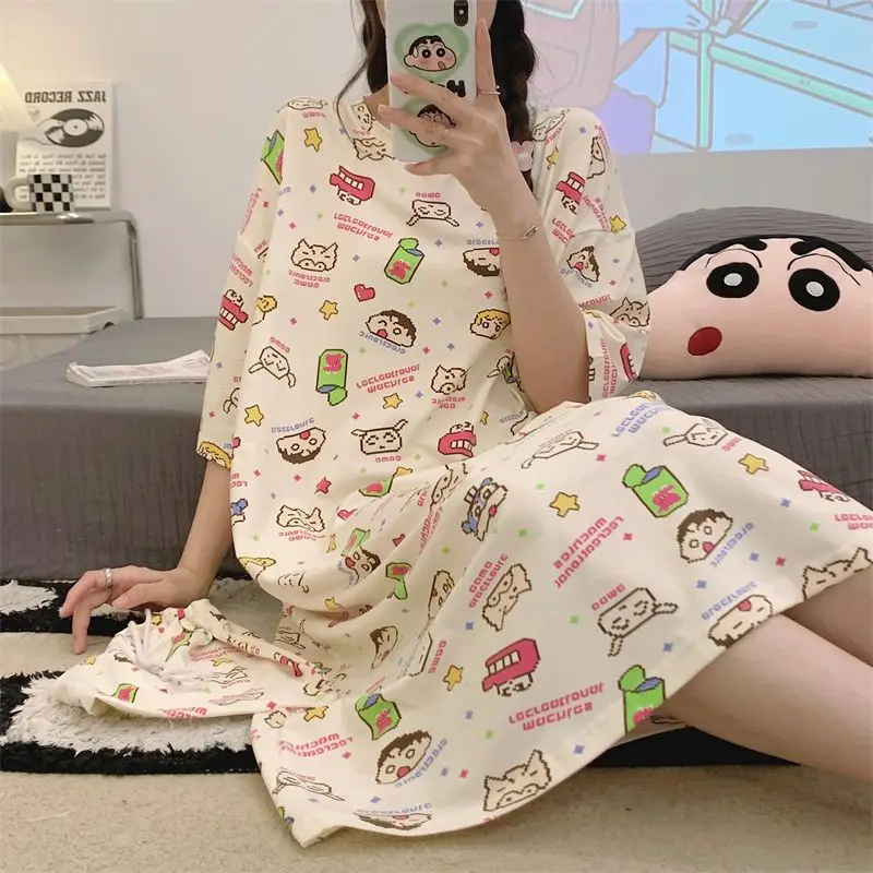 Oversized Crayon Shin Chan Nightgown Short Sleeve Loose Sleep Dress Soft Print Women Kawaii Cartoon Loungewear Casual Homewear