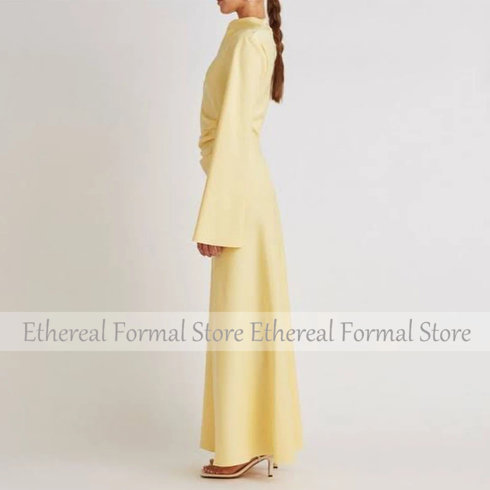 Vestido de noche de corte A para boda, vestido de noche amarillo para mujer, manga larga, largo hasta el suelo, con abertura, vestidos formales simples 2025