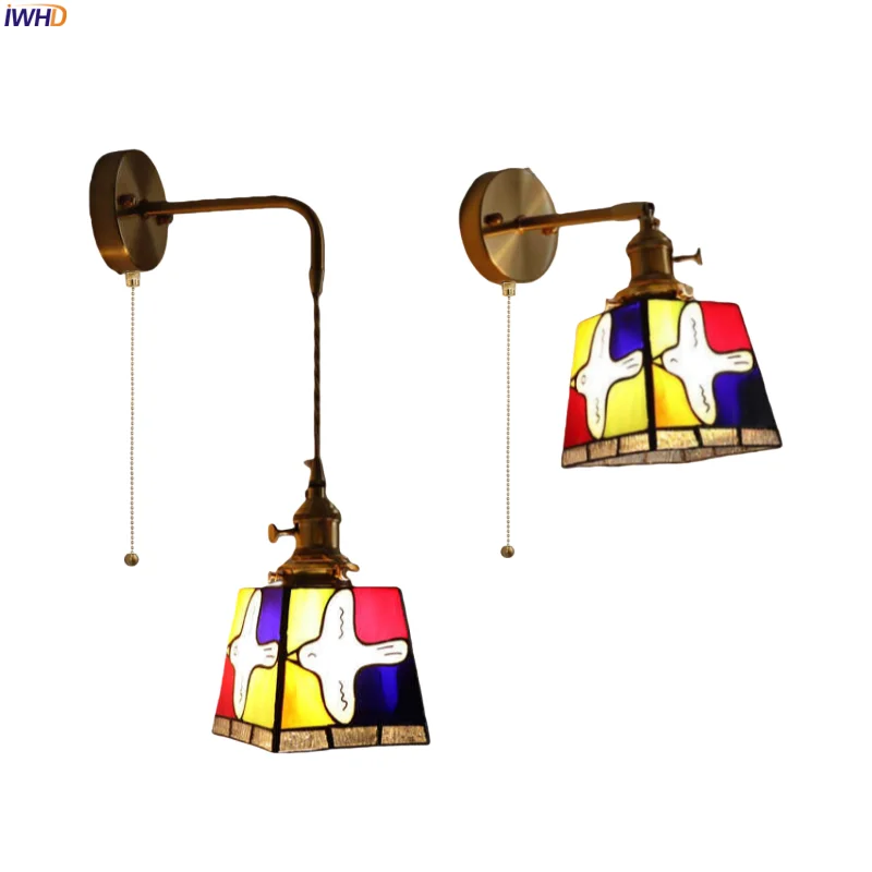 

IWHD Colored Glass LED Wall Lamps For Bedroom Home Lighting Pull Chain Copper Vintage Bathroom Mirror Stair Light Lampara Pared