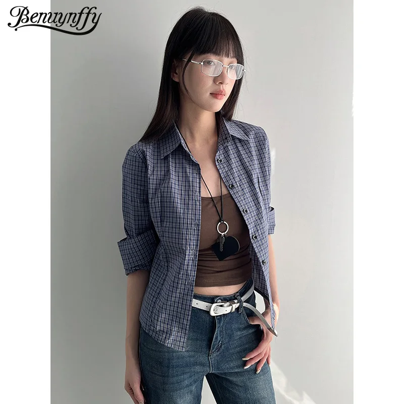 

Benuynffy Vintage Plaid Long Sleeve Shirts Women 2026 Spring New Fashion Korean Turn-Down Collar Button Up Female Tops Blouses