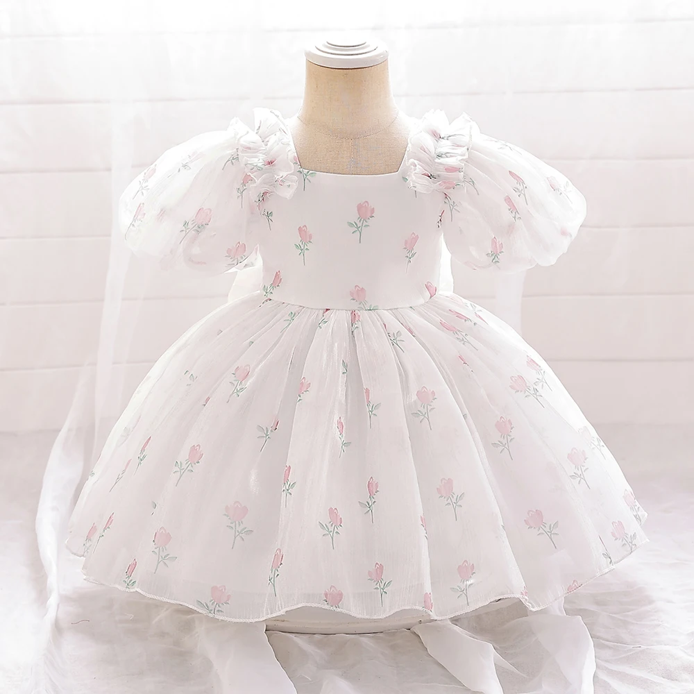 Baby Girl Flower Dress Fairy Bow Short Sleeves Princess Prom Dresses for Girls Birthday Party Kids Clothing Summer Weddidng Gown