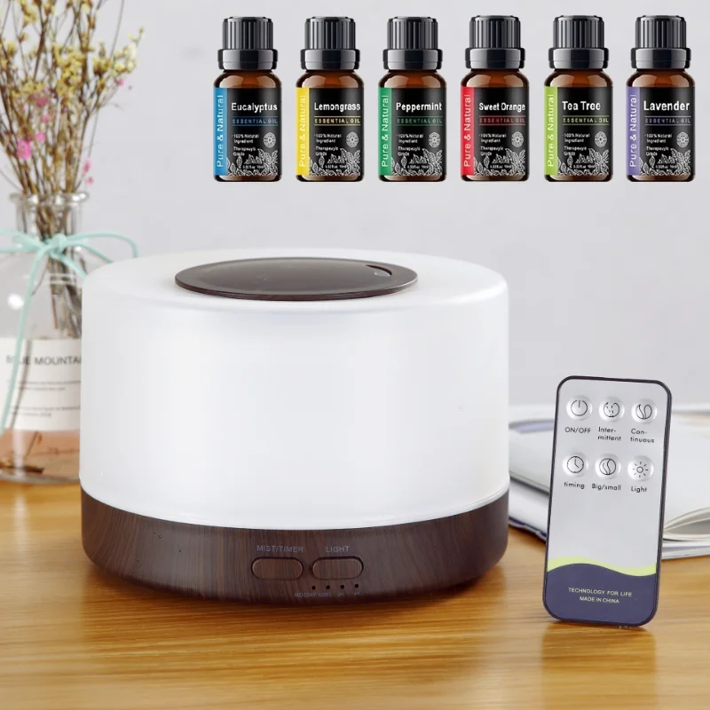 Novo difusor de óleo essencial de grão de madeira 500ml, 7 luzes coloridas, controle remoto, desligamento automático, inclui 6 óleos de aromaterapia para casa