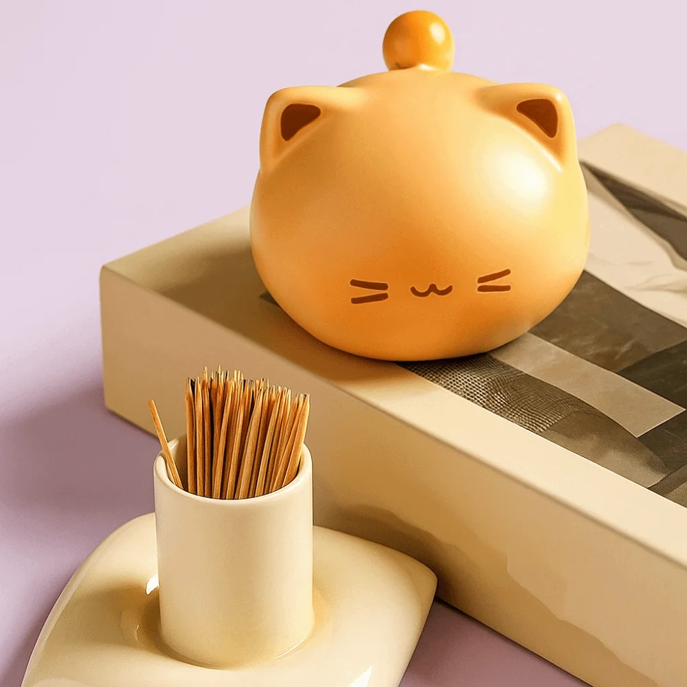 

Cute Cartoon Ceramic Dental Swab Tube Cat Shape with Cover Cotton Swab Jar Portable Floss Stick Organizer Home Decor