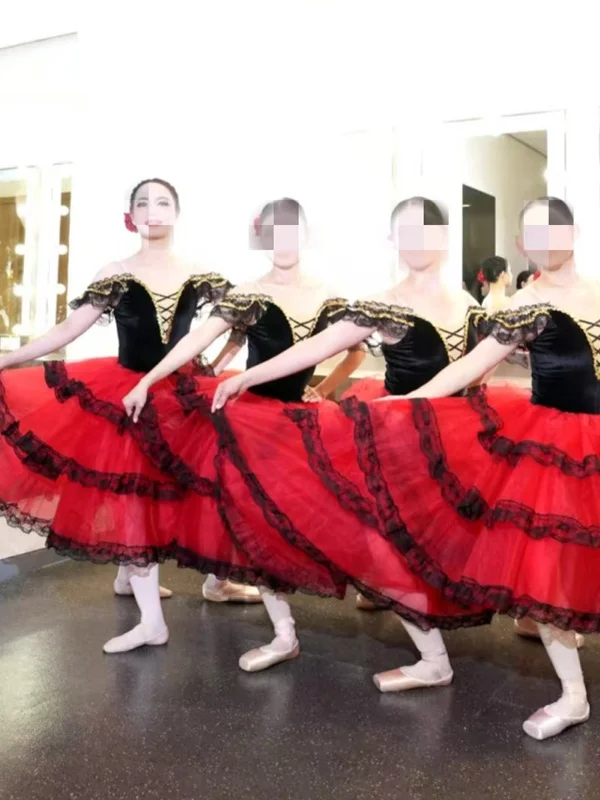 المهنية الباليه رومانسية توتو تنورة طويلة أسود أحمر اسبانيا فستان الفتيات الكبار الأطفال أداء ملابس الباليه للنساء