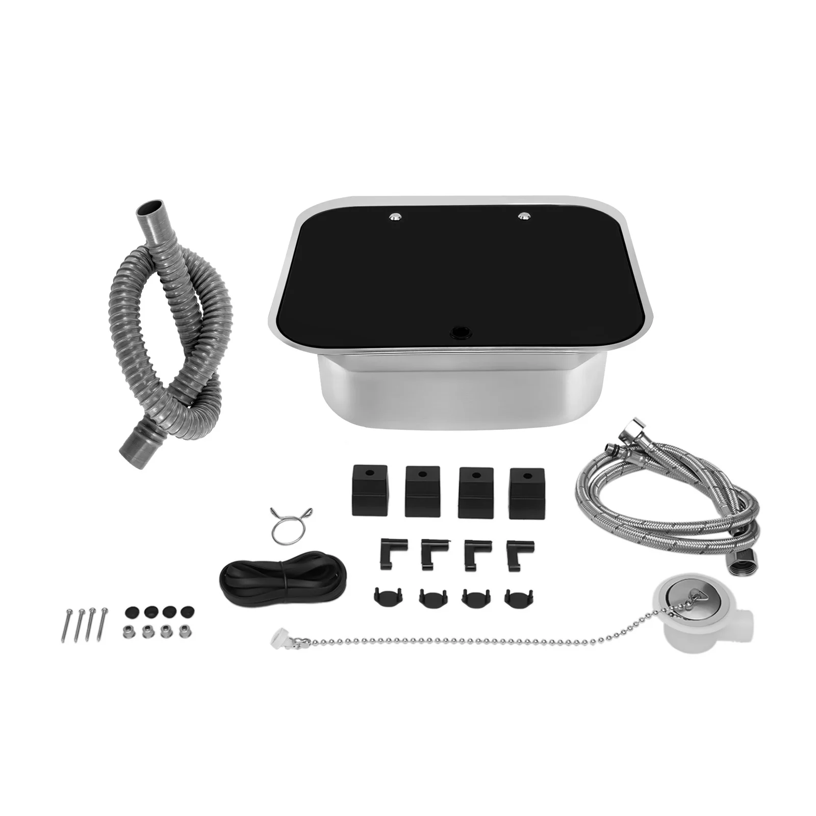 304 Stainless Steel Hand Wash Basin Sink Camper Accessories RV Sink with Tempered Glass Lid & Folded Faucet