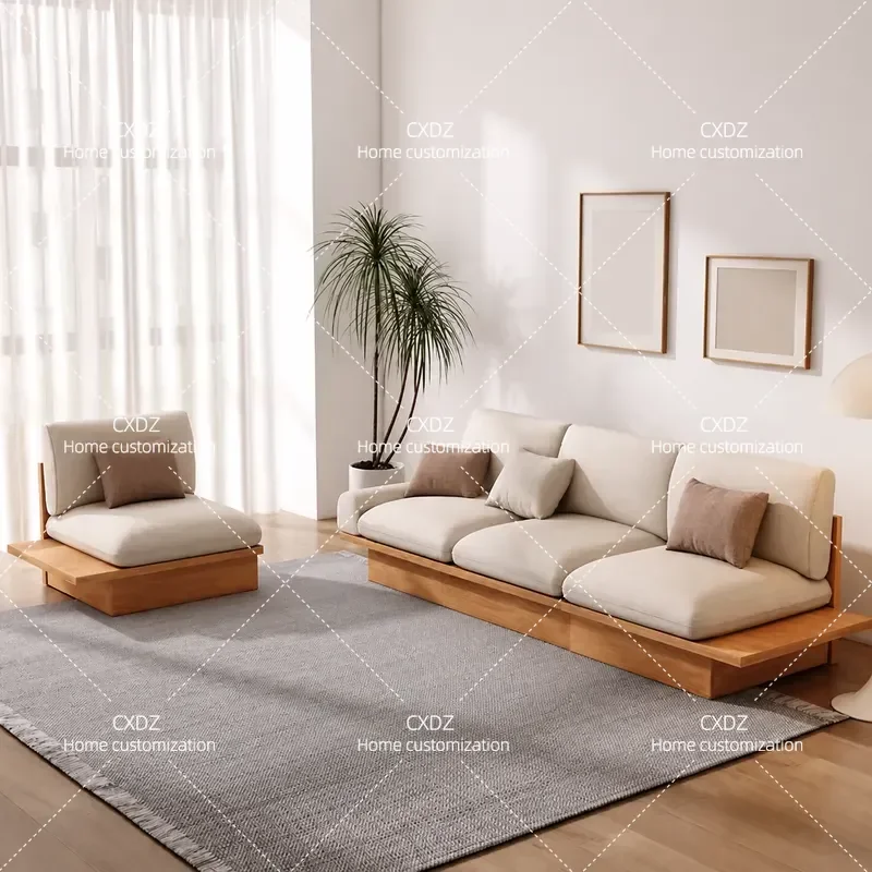 Wabi Sabi Solid Wood Sofa Japanese Log Style 3 Seater Modern Simple Nordic Storage Sofa Combination