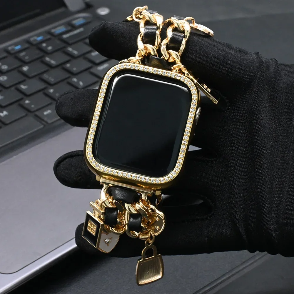 Женский роскошный ремешок для Apple Watch Ultra2 49 мм 10 46 мм 42 мм и чехол для IWatch Series 9 8 7 41 38Se Кожа + ремешок из нержавеющей стали