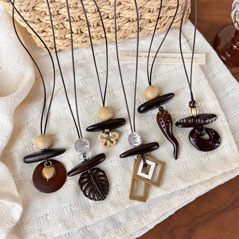 Necklace Wooden Geometric Pendant Long Sweater Chain New Chinese Style Ethnic Vintage Brown Lightweight Adjustable Daily Party