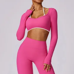 Top corto de realce de manga larga para Yoga con espalda descubierta para mujer, ropa de gimnasio para entrenamiento, camisas de Yoga transpirables, Top deportivo de entrenamiento físico