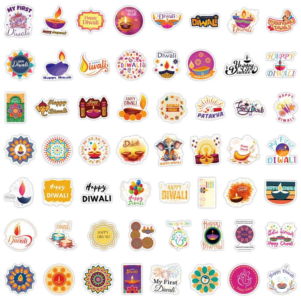 10/30/50/110PCS Happy Diwali Festive Atmosphere Cartoon Sticker frigorifero fai da te Laptop bagagli Skateboard Graffiti Joke Sticker