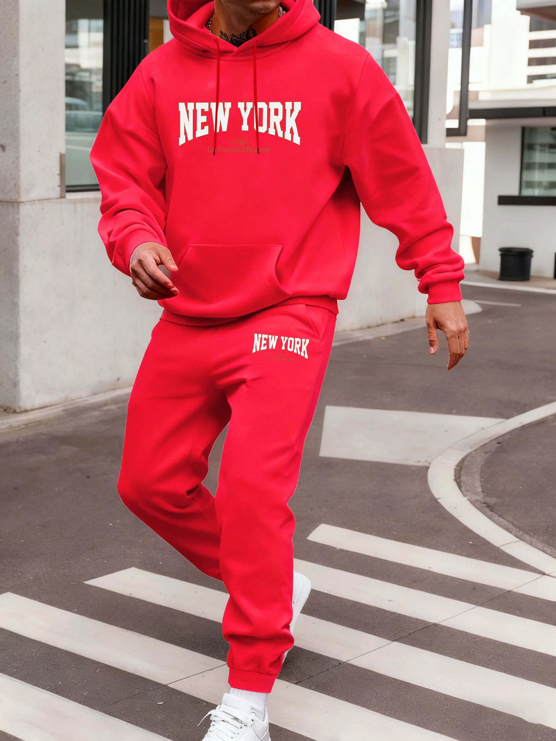 Nova york ir para frente bravamente impressão masculina velo solto conjunto com capuz outono casual moletom rua confortável moletom básico jogging pant