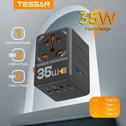 TESSAN GaN Universal Travel Adapter with Multiple USB Quick Charging International Plug Adapter 35W 65W Worldwide Power Outlet