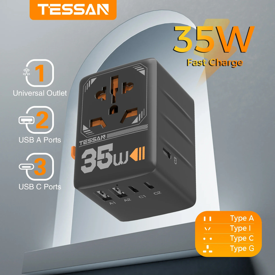  TESSAN GaN Universal Travel Adapter with Multiple USB Quick Charging International Plug Adapter 35W 65W Worldwide Power Outlet 