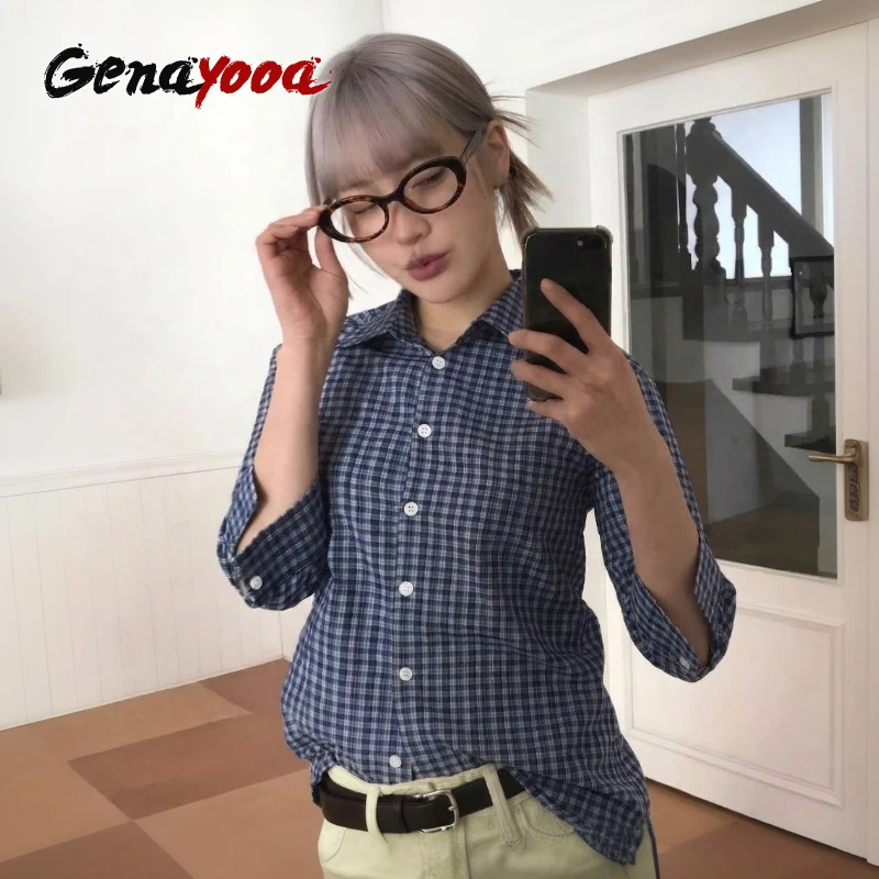 Genayooa Y2k Kariertes Hemd Damen Dreiviertel-Freizeithemd Japanisches 2000er-Jahre-Grunge-Tops Streetwear-Sommerhemd Koreanischer Stil