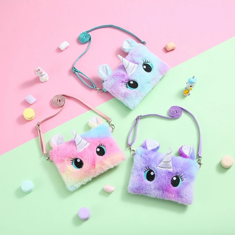 Cute Animals Kids Pouch Unicorn Shoulder Purse Big Eyes Winter Plush Handbags Fashion Furry Fur Tote Square Bags Crossbody Bag