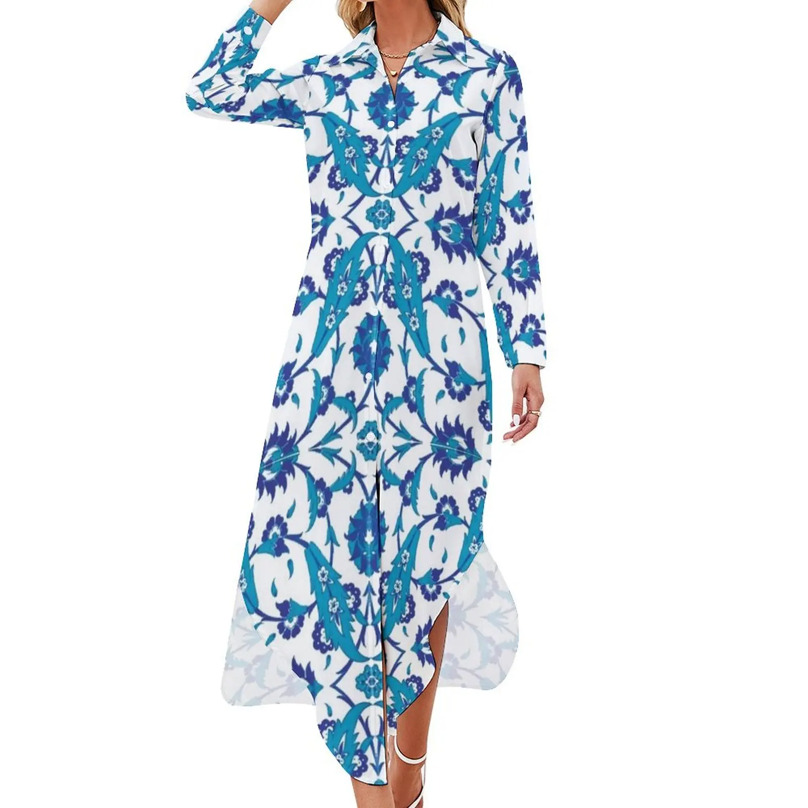 

Iznik Tiles Long Sleeved Shirt Dress elegant guest wedding dress party dresses women Womens dresses birthday dress