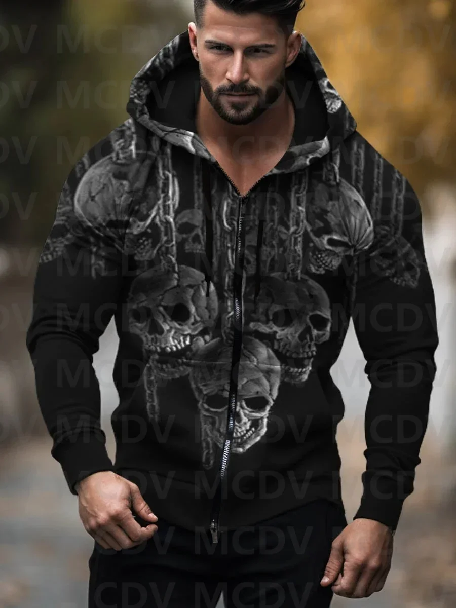 Men's Skull Zip-Up Hoodie Sweatshirt Halloween Zipper Hoodies