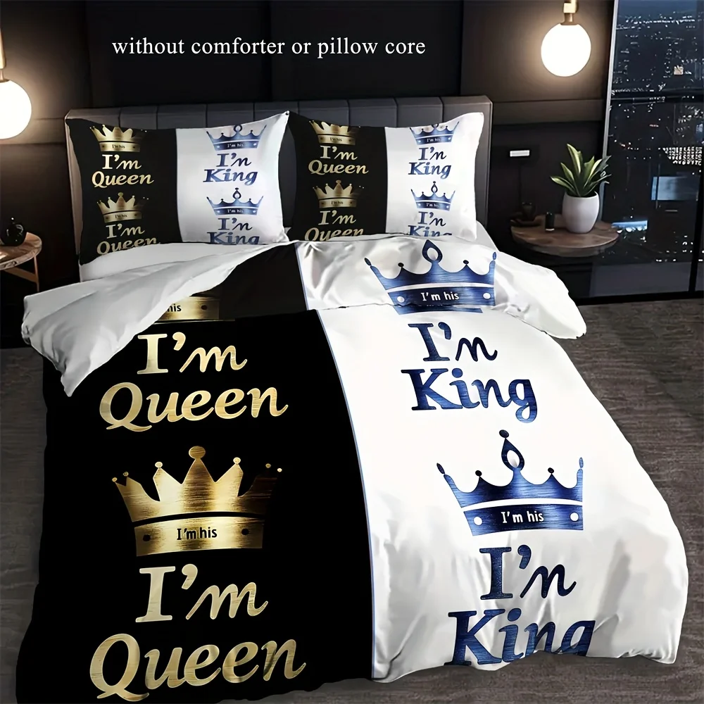 

2/3pcs Luxury Crown Letter Print Duvet Cover Set (1 Duvet Cover + 1/2 Pillowcase, Without Core), Fashionable Couple Bedding Set