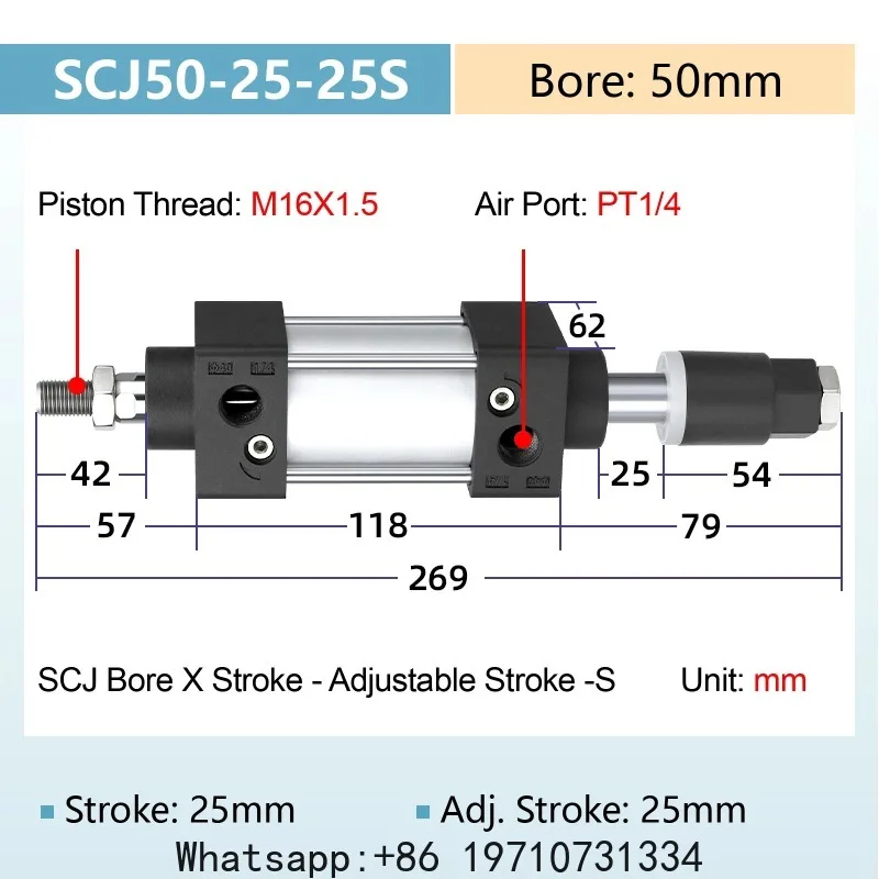 SCJ50 Adjustable Stroke Pneumatic Cylinder 25‑200mm Stroke 66kg Thrust Double Acting With Magnet For Automation Equipment