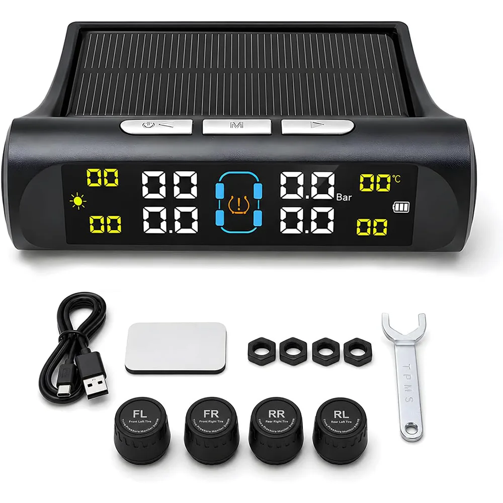 Wireless TPMS Tire Pressure Monitoring System - with 4 External Sensors, Nuts and Wrench, USB Charging/Solar Powered with Digital Display, Instant Tire Pressure and Temperature Alert Analysis, Easy Installation, Suitable for SUVs, MPVs, Pickup Trucks