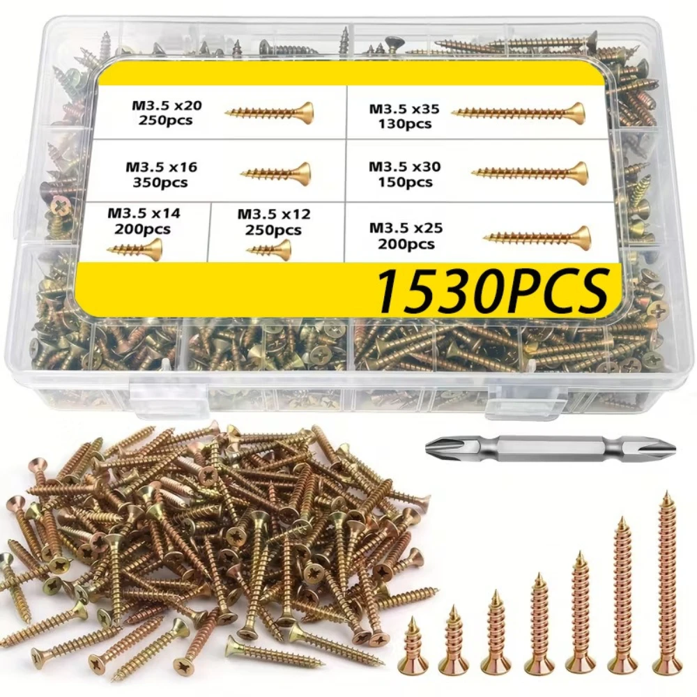 1530pcs Color Zinc Cross-head Screws M3.5 Countersunk Self-tapping Wood Screws Set Drywall Nails Fiberboard Nails Wood Screws