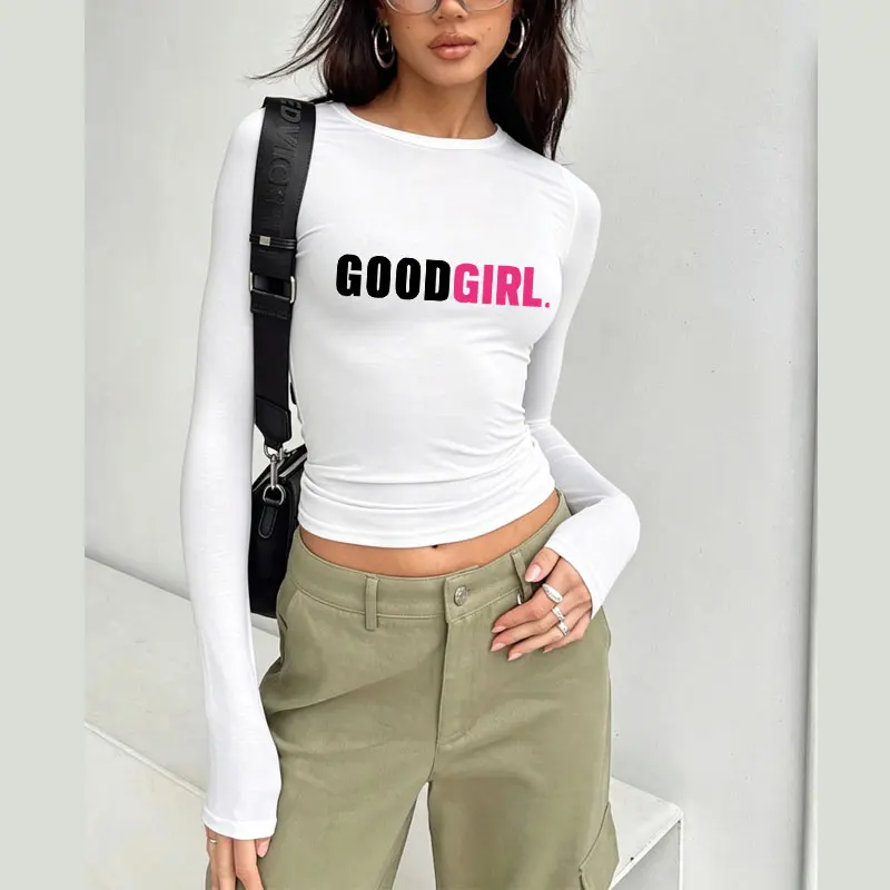 GOOD GIRL Pink Letters Print Spring Autumn Women T-Shirt Causal Long Sleeve Crop Tops O Neck Pullovers Tees Slim Fit T Shirt