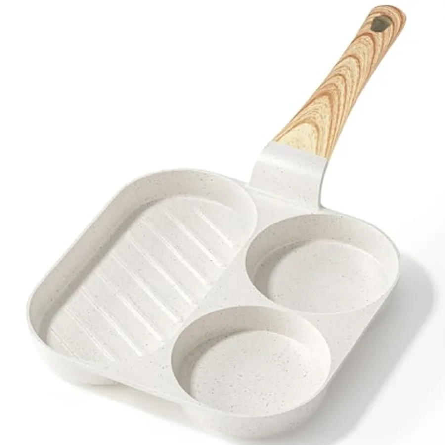 

Ceramic Non Stick Egg Pan, 3-In-1 Divided Breakfast Omelette Frying Pan, 7.9" with Heat-Resistant Handle, Compatible with All S