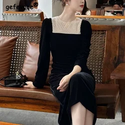 Autumn Winter O Neck Patchwork Elegant Fashion Robe Female Long Sleeve Temperament Black Dress Ladies Vestido Women's Clothing