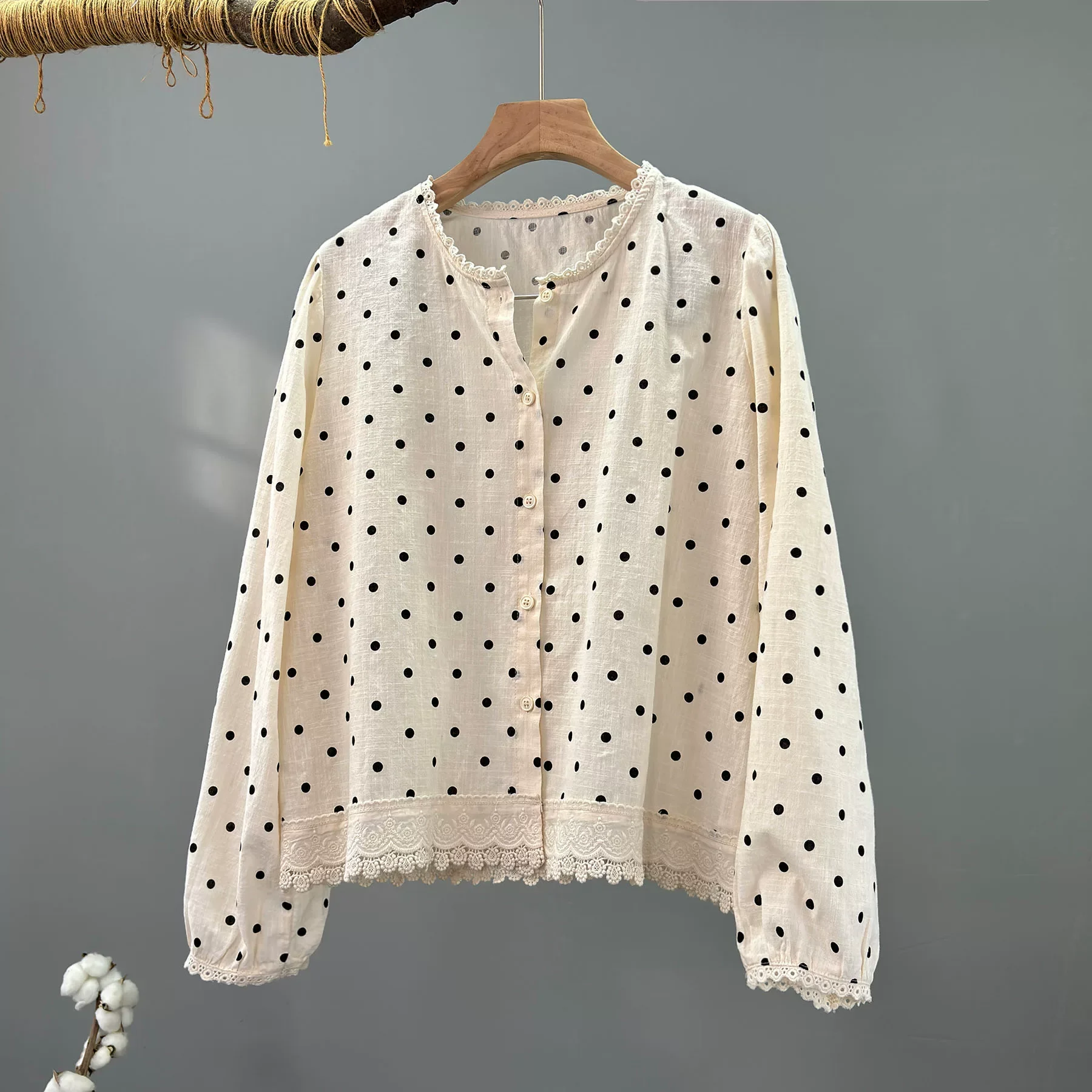 

2026 New Spring Japanese style pure cotton polka dot print shirts for women art design lace patchwork long sleeve blouses