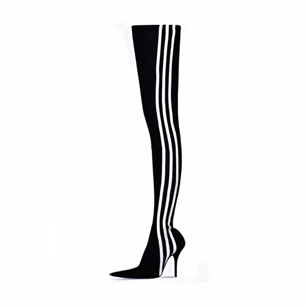 Arden Furtado Sexy Elastic Stocking Boots Pointed stiletto heels Stripe Skinny thigh high boot ultra-high Over the knee boots