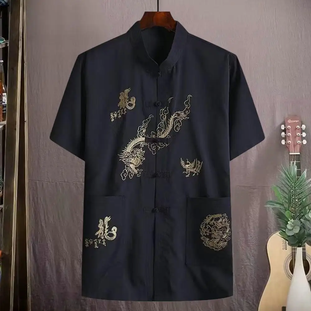 Chinese Style Shirt Men\'s Chinese Traditional Linen Tang Shirt with Hand Plate Buckle Design Comfortable Stylish for Oriental