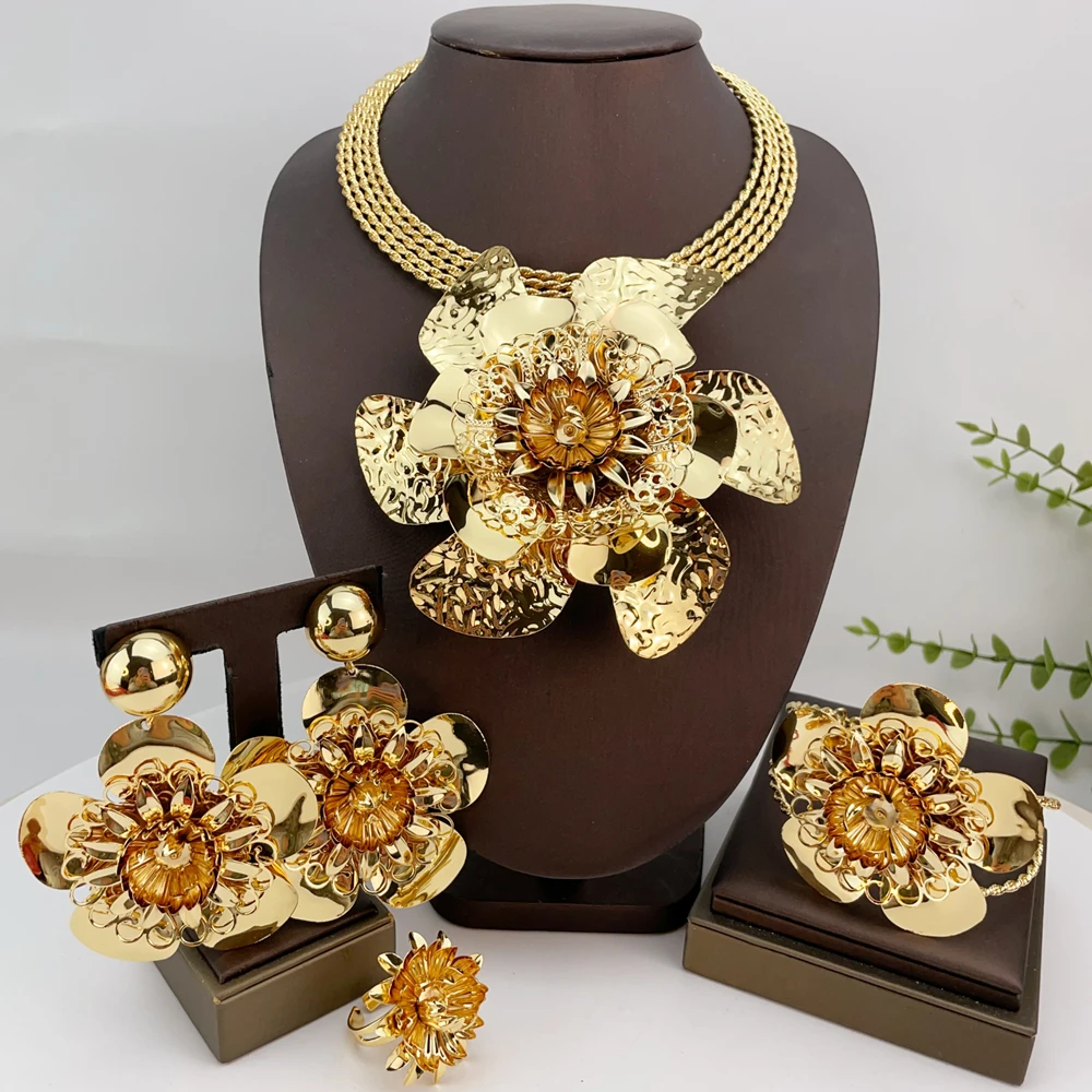 New Fashion Trendy Women Jewelry Set Brazilian Gold-Plated African Wedding Bridal Big Flower Pendant Necklace Gifts FHK24996