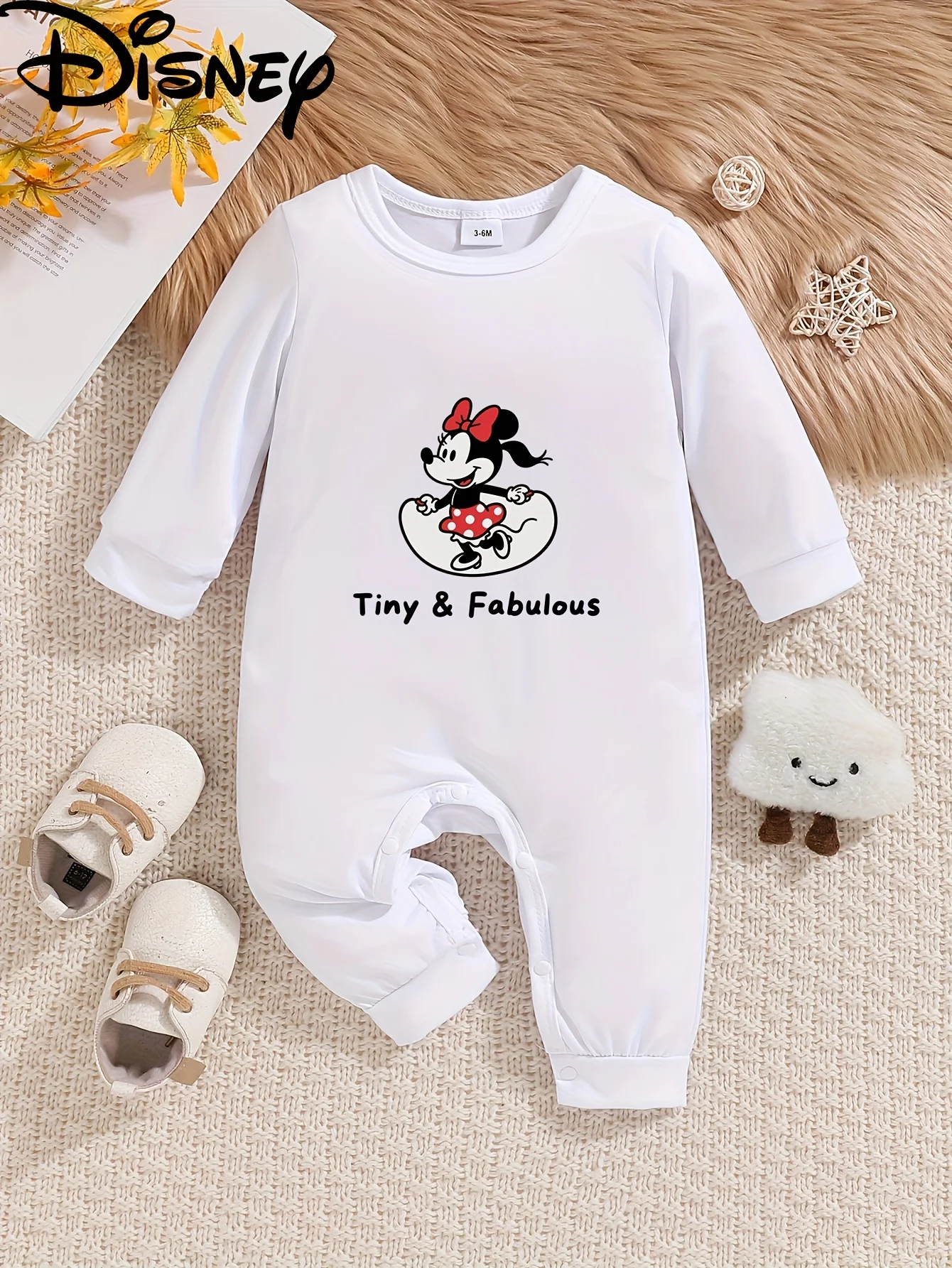 

【Осанторизованный】Детский комбинезон с длинными рукавами Disney Minnie, милый узор с принтом, круглый вырез, мягкий и удобный, можно стирать в машине, подходит для всех сезонов, подходит для уличного ношения