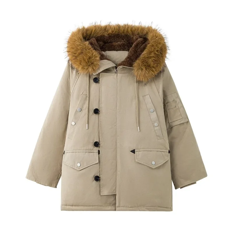 Winter Jackets Thickened Women's Large Faux Fur Hooded Loose Workwear Style Mid Length Coats Windproof Parkas Pockets Outwear