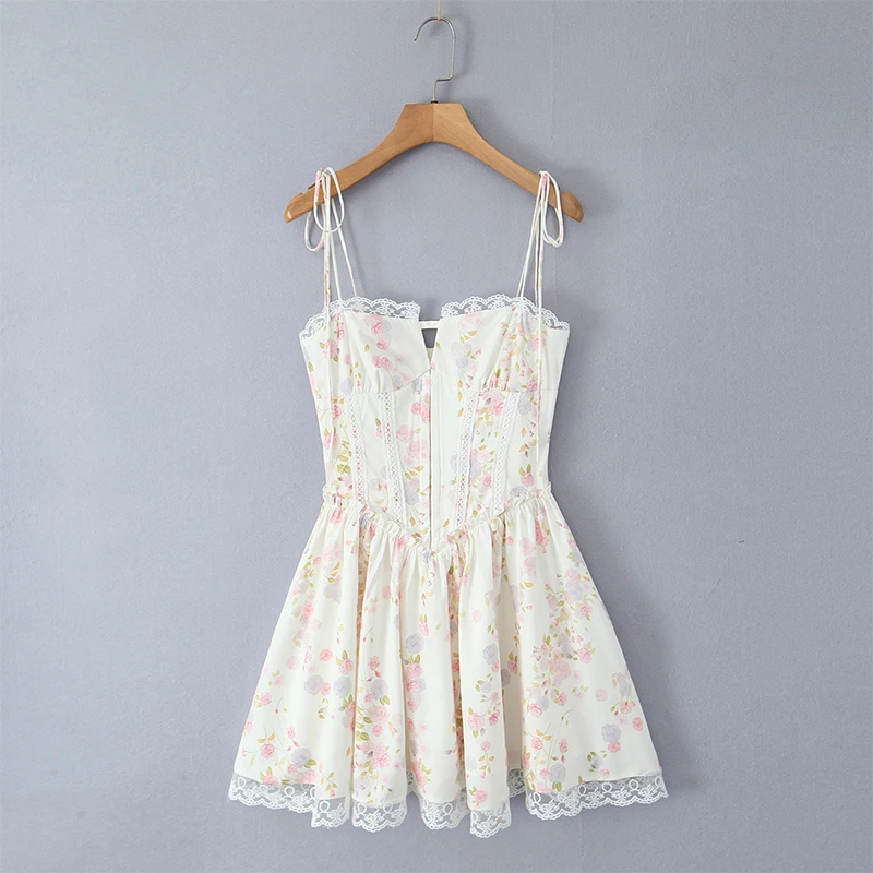 Elegante floral impressão sling mini vestido para mulheres sexy rendas retalhos cintura baixa a linha vestidos 2025 novo verão festa de férias robe