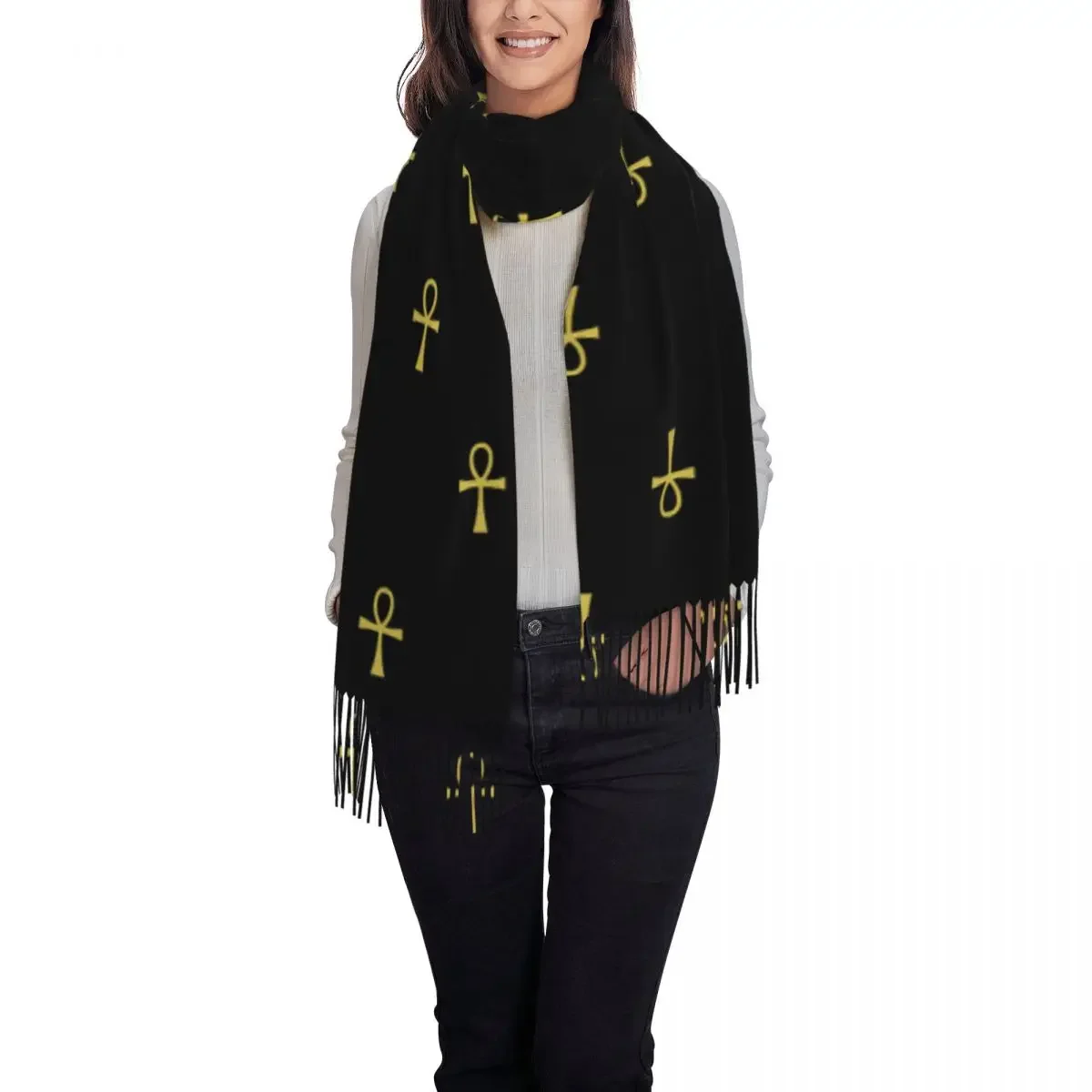 Ladies Long Ancient Egyptian Symbol Ankh Key Of Live Scarves Women Winter Soft Warm Tassel Shawl Wrap Scarf