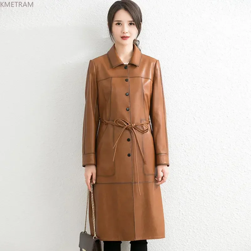 Veste élégante en cuir véritable pour femme, manteau en peau de mouton véritable, coupe-vent mi-long, mince, SGG, 2024