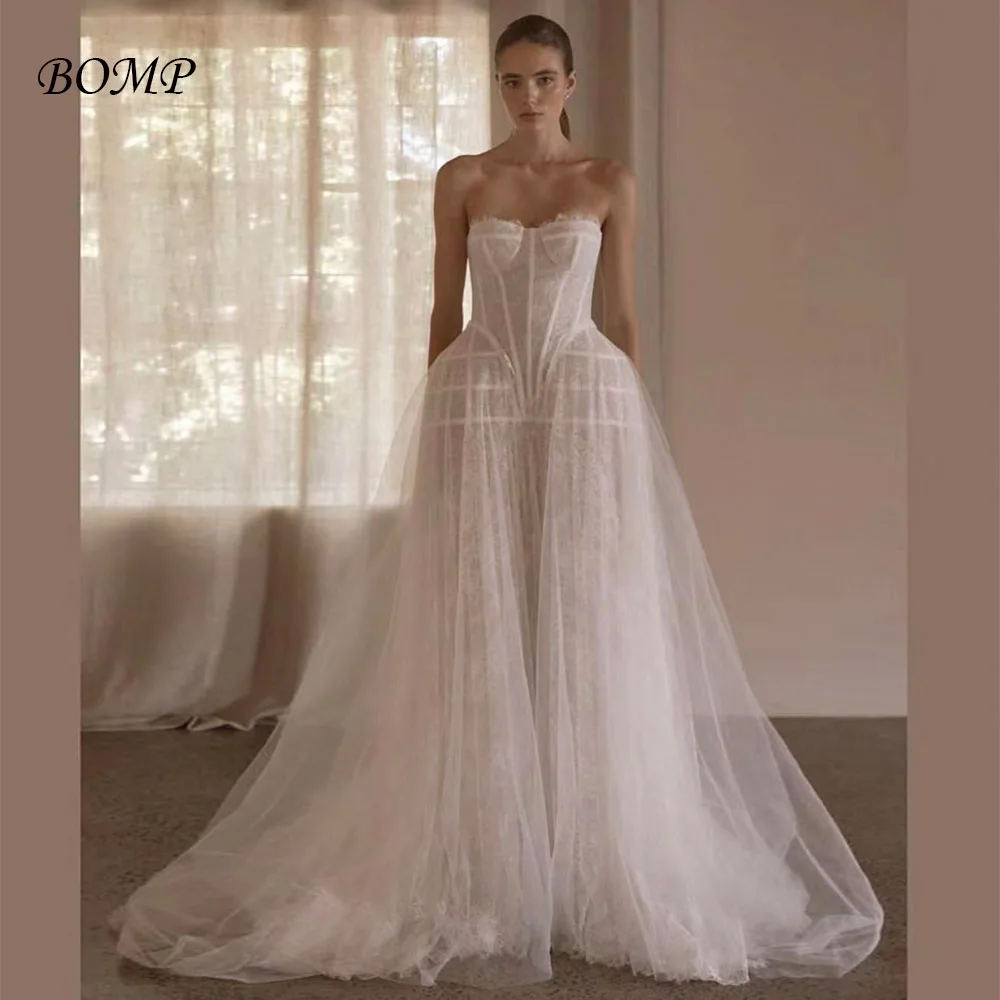 

BOMP Vintage Wedding Dresses Sweetheart Draped Ivory Lace Sweep Train Illusion Bridal Gown Customized vestidos de noiva 2026