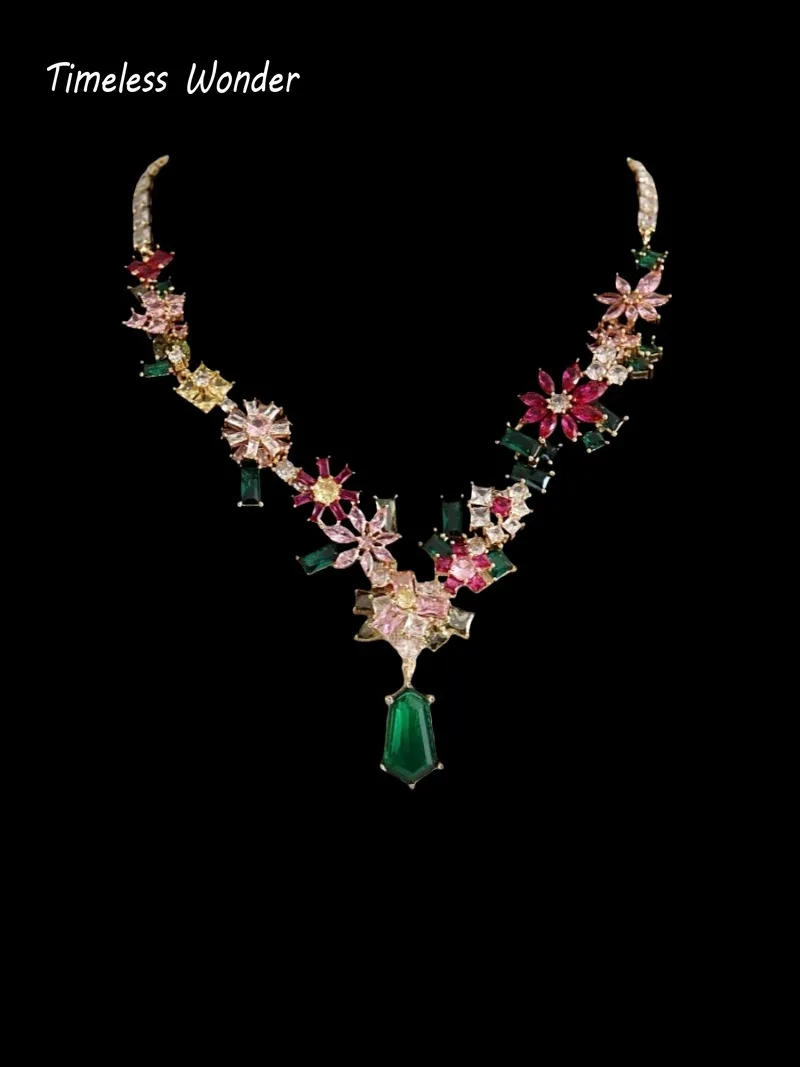 

Timeless Wonder Fancy Crystal Zircon Floral Necklace for Women Designer Jewelry Runway Trendy Art Deco Fresh Sweet Set 4526